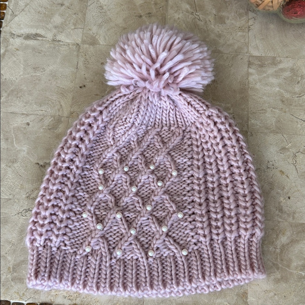 Capelli of New York knit Beanie hat with pom-pom/ pearl-like embellishments M/L‎